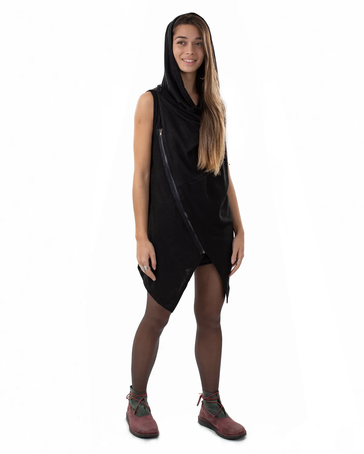 Xotiko Asymmetric Boho Sleeveless Cardigan Black