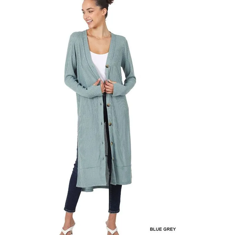 ZENANA Casual Long Buttoned Ribbed Cardigan with Side Splits