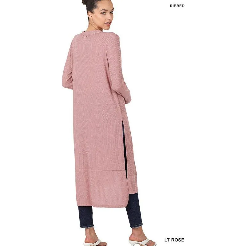 ZENANA Casual Long Buttoned Ribbed Cardigan with Side Splits