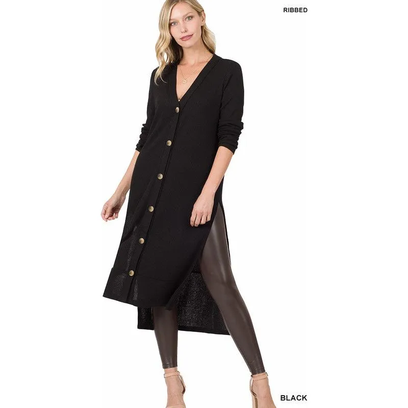 ZENANA Casual Long Buttoned Ribbed Cardigan with Side Splits