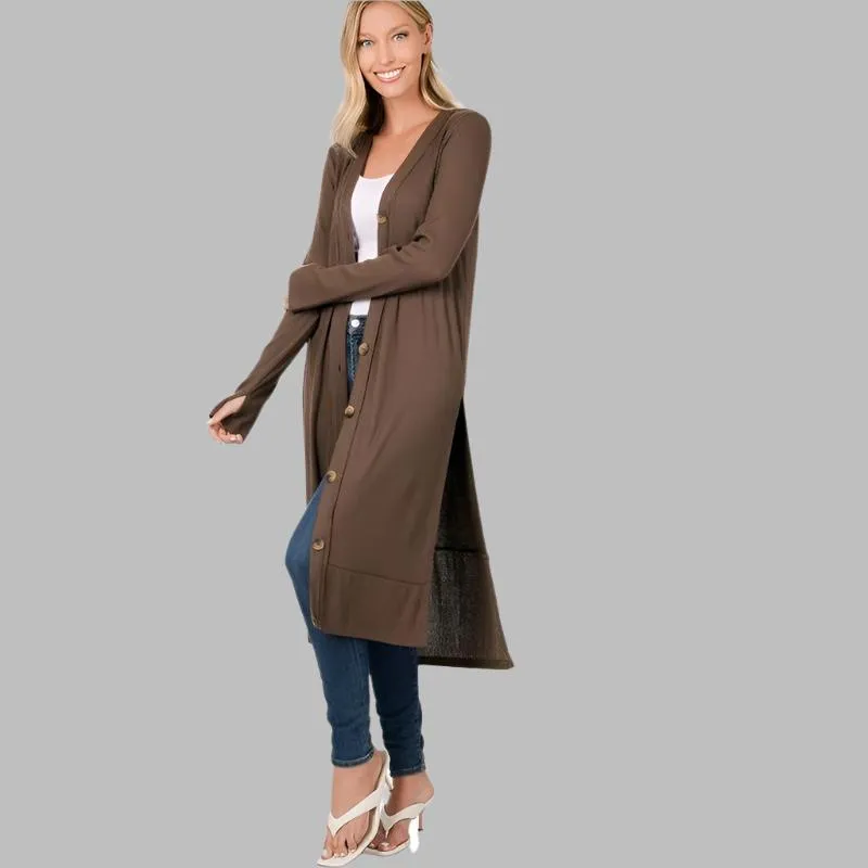 ZENANA Casual Long Buttoned Ribbed Cardigan with Side Splits