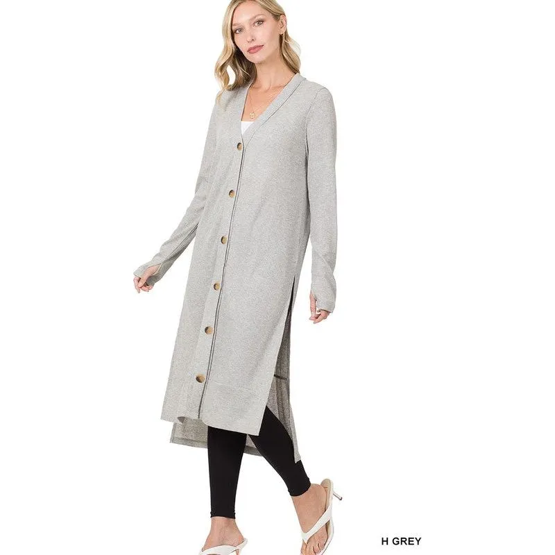 ZENANA Casual Long Buttoned Ribbed Cardigan with Side Splits