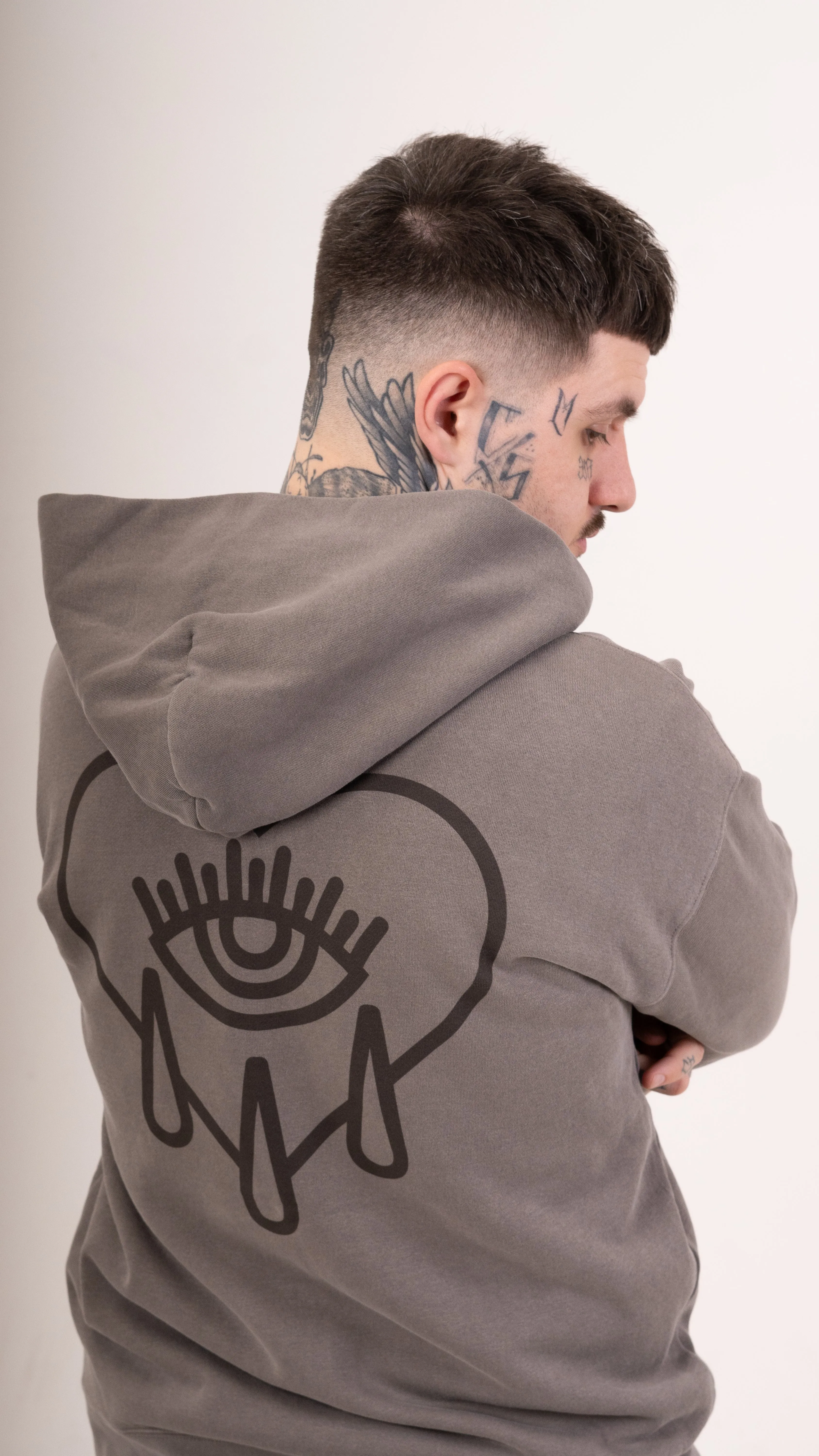 Zip Faded Crying Heart Hoodie - Grey