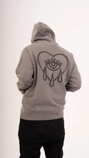 Zip Faded Crying Heart Hoodie - Grey