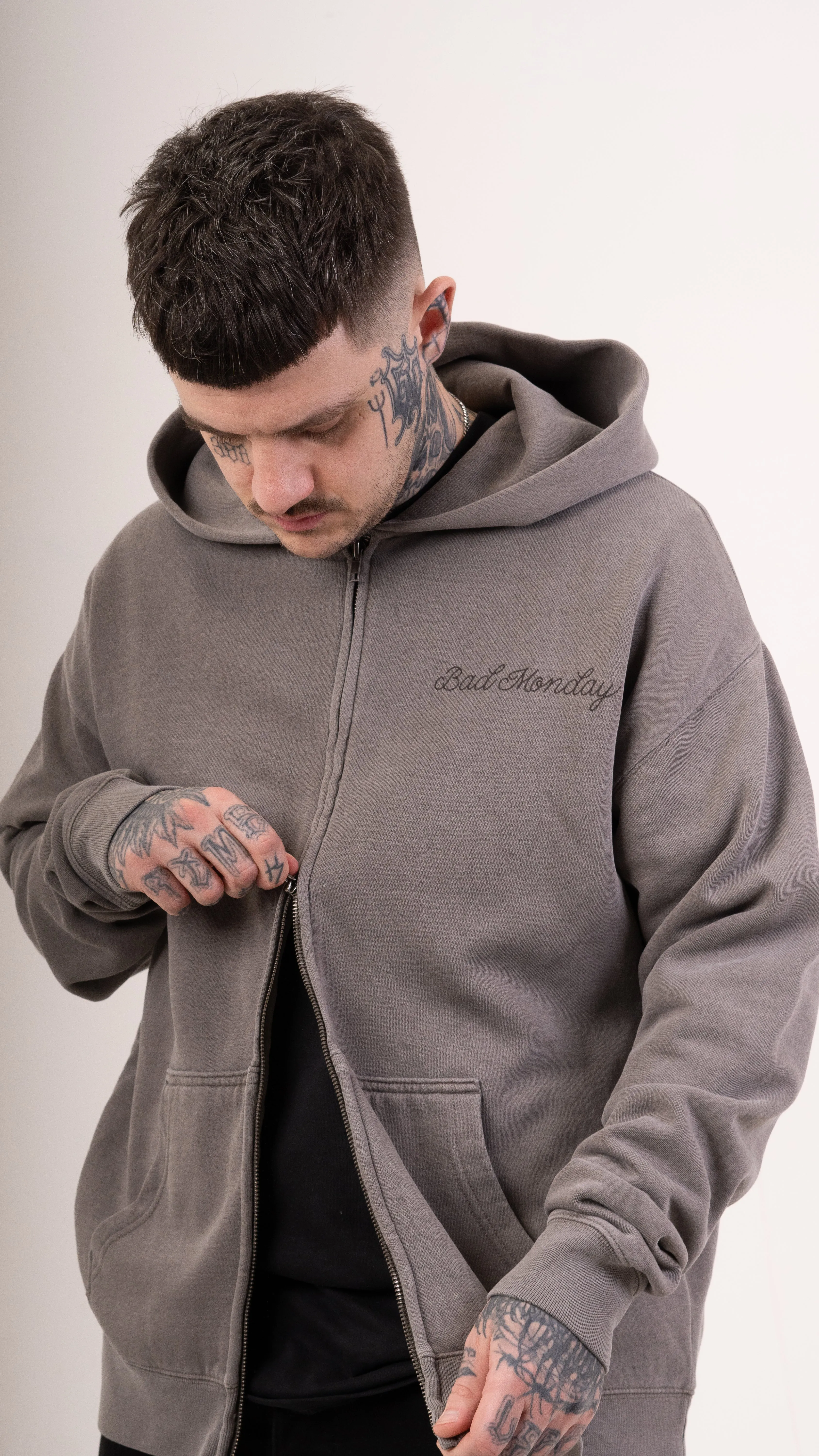 Zip Faded Crying Heart Hoodie - Grey